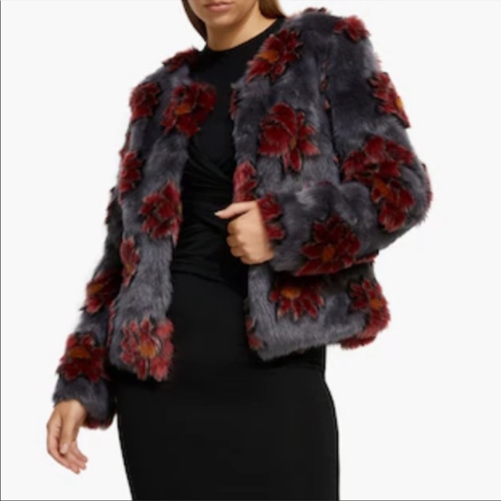 Unreal Fur Moon Flower Boho Gray 3D Red Lotus Print Faux Fur Coat